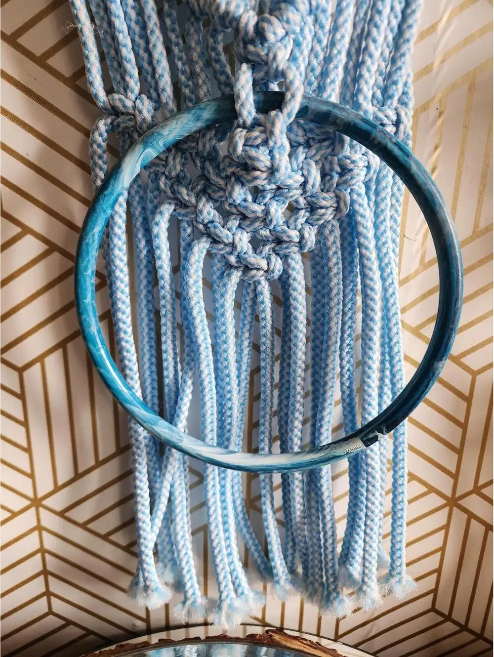 Vintage Atomic Retro Blue Macrame Hanging Towel Ring with Ceramic Blue Fish